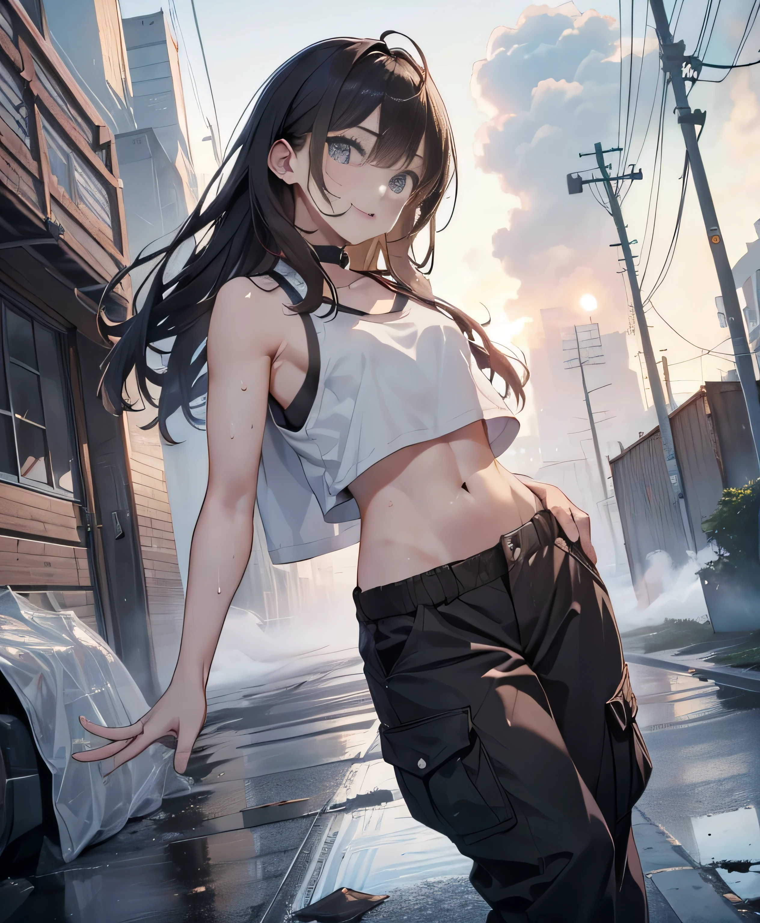 Anime girl in a white top and black pants standing on a street - SeaArt AI