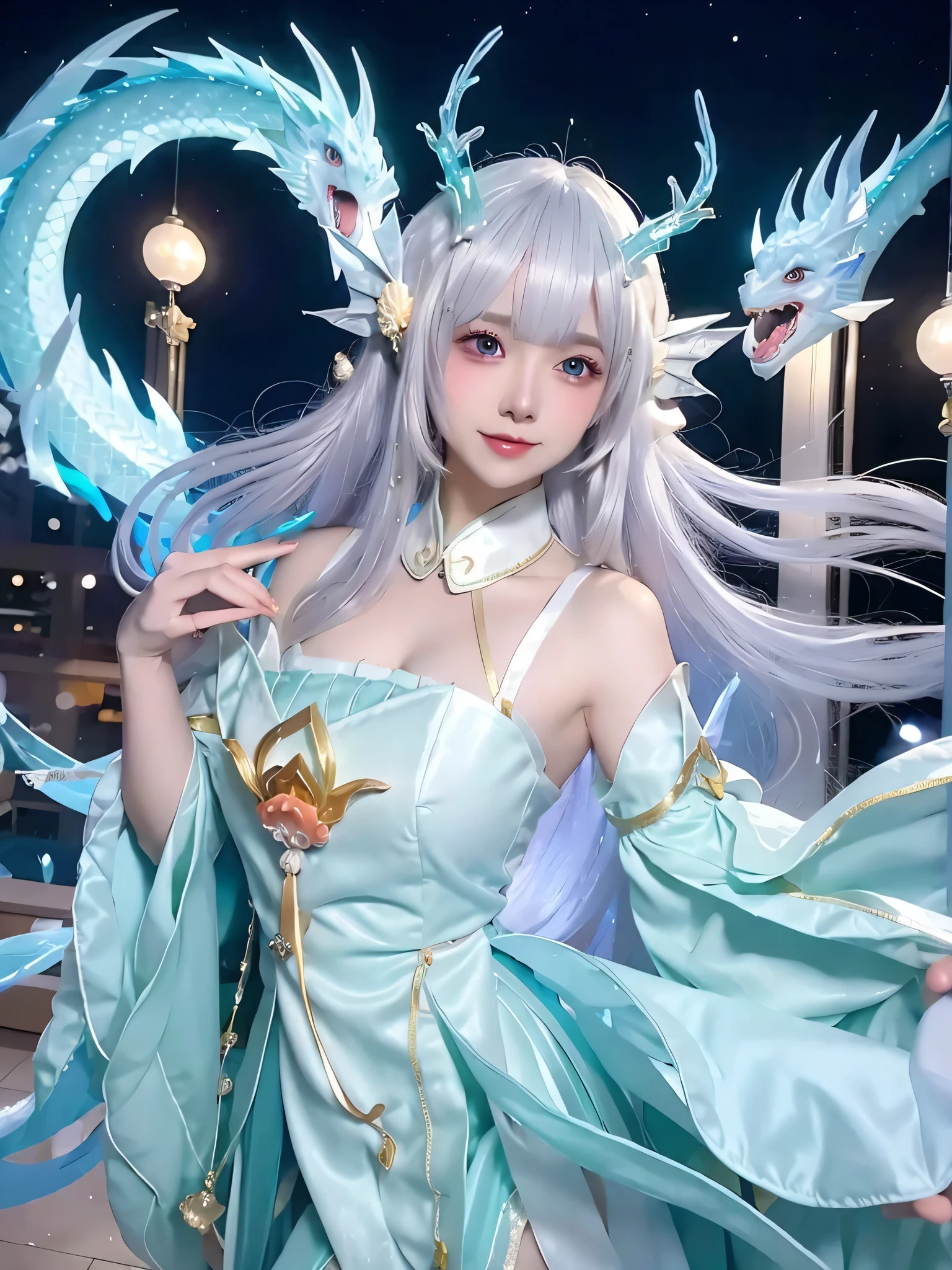 anime style images, a woman in a blue dress and 1 stop headgear, 1 stop, a white-haired god, whole body fairy, Portrait of the Dragon Woman,big prominent 。