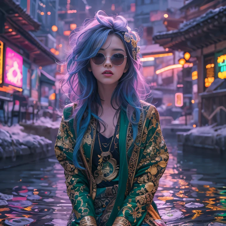 Chapter 3860 The Year of Cyberpunk（masterpiece，HD，超HD，32k lotus root starch）Bright purple flowing hair，autumn pond， lotus root starch color， Asian （Michiko）， （silk scarf）， fighting stance， looking at the ground， Orange gradient long hair， ((Thick frame reflective jade sunglasses))Floating bright purple， Fire cloud gold headdress， Chinese long-sleeved gold silk garment， （Abstract ink splash：1.2），mars background，lotus（realistically：1.4），bright purple hair，Smoke on the road，background very ivory、pure， high resolution， detail， RAW photos lotus root starch， Sharp Re， Nikon D850 film photo by Jefferies Lee 4 Kodak Portra 400 camera F1.6 guns, colorful, Super real、Vivid textures, dramatic lighting, Unreal Engine Art Station Trend, Silicon Nest 800，Bright purple flowing hair，Dark green reflective sunglasses
