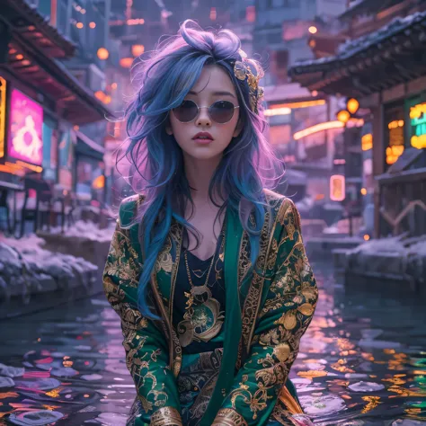 Chapter 3860 The Year of Cyberpunk（masterpiece，HD，超HD，32k lotus root starch）Bright purple flowing hair，autumn pond， lotus root s...