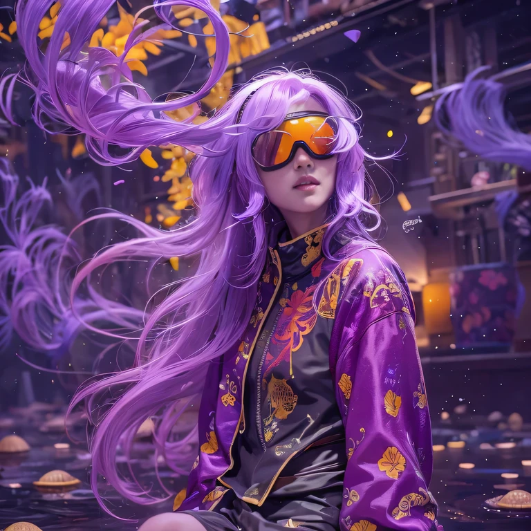 Chapter 3860 The Year of Cyberpunk（masterpiece，HD，Ultra HD，32k lotus root starch）Bright purple flowing hair，autumn pond， lotus root starch color， ASİAN （Michiko）， （silk scarf）， fighting stance， looking at the ground， Orange gradient long hair， ((Thick frame reflective jade windproof goggles))Floating bright purple， Fire cloud gold headdress， Chinese long-sleeved gold silk garment， （Abstract ink splash：1.2），mars background，Windproof goggles，lotus（realistically：1.4），bright purple hair，Smoke on the road，background very ivory、pure， high resolution， DetailsWindproof goggles， RAW photos lotus root starch， Sharp Re， Nikon D850 film photo by Jefferies Lee 4 Kodak Portra 400 camera F1.6 guns, colorful, Super Real、Vivid textures, dramatic lighting, Unreal Engine Art Station Trend, Silicon Nest 800，Bright purple flowing hair，Windproof goggles