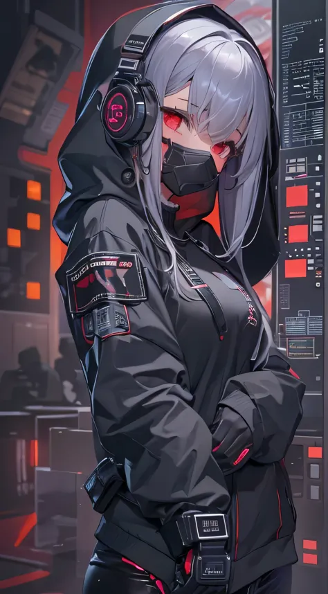 1 girl, gray hair, Oversized black hoodie, cyber demon, , cyber punk, ((cyber horn)), red eyes, cyberware, dreamy cyber punk gir...