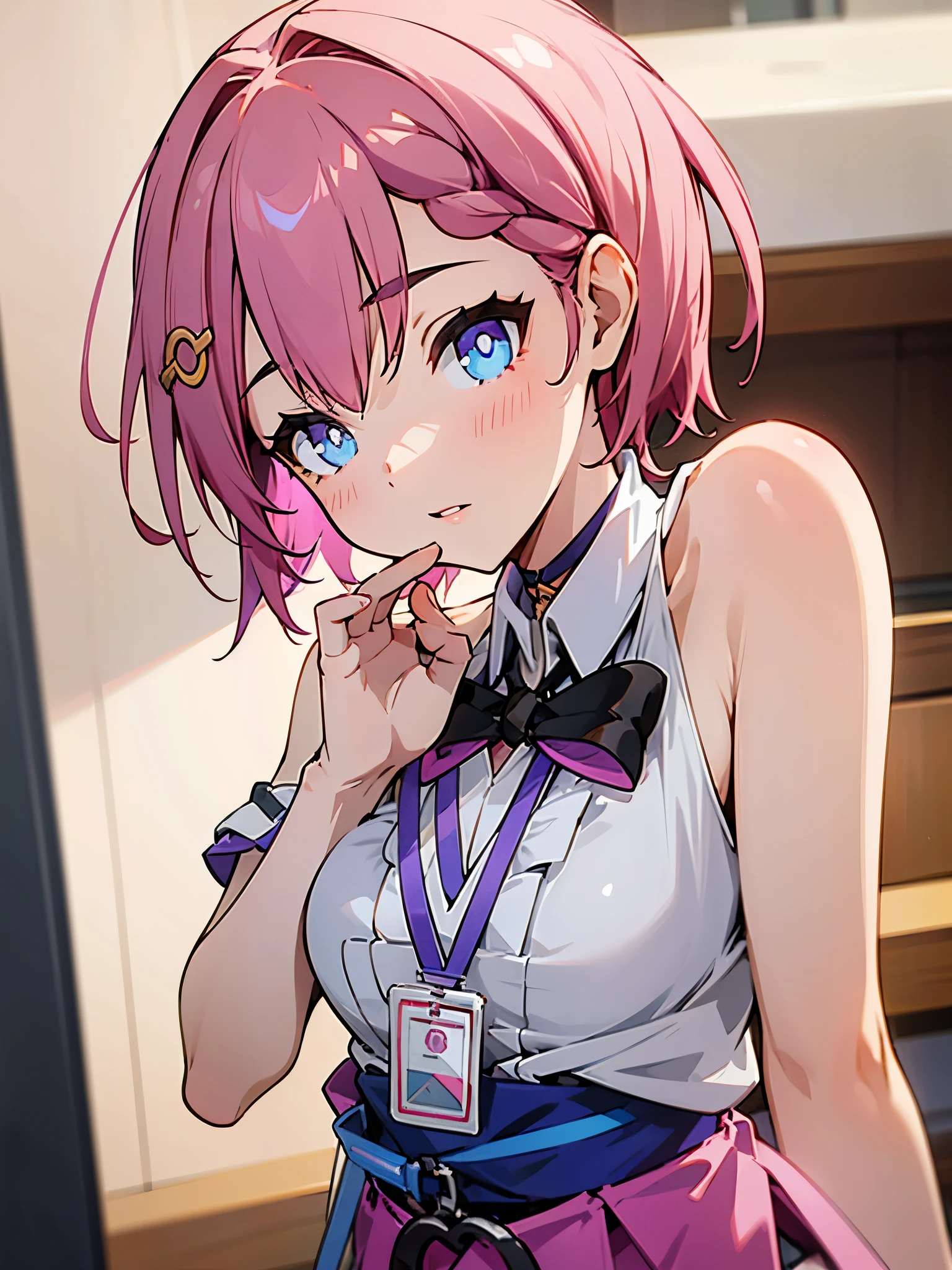 1girl, asta from honkai star rail, pink short hair, short ponyside hair, blue eyes, wearing her outfit, doing daily activities, indoor, very detailed background, many furnitures, masterpiece, highres, ultrahd,