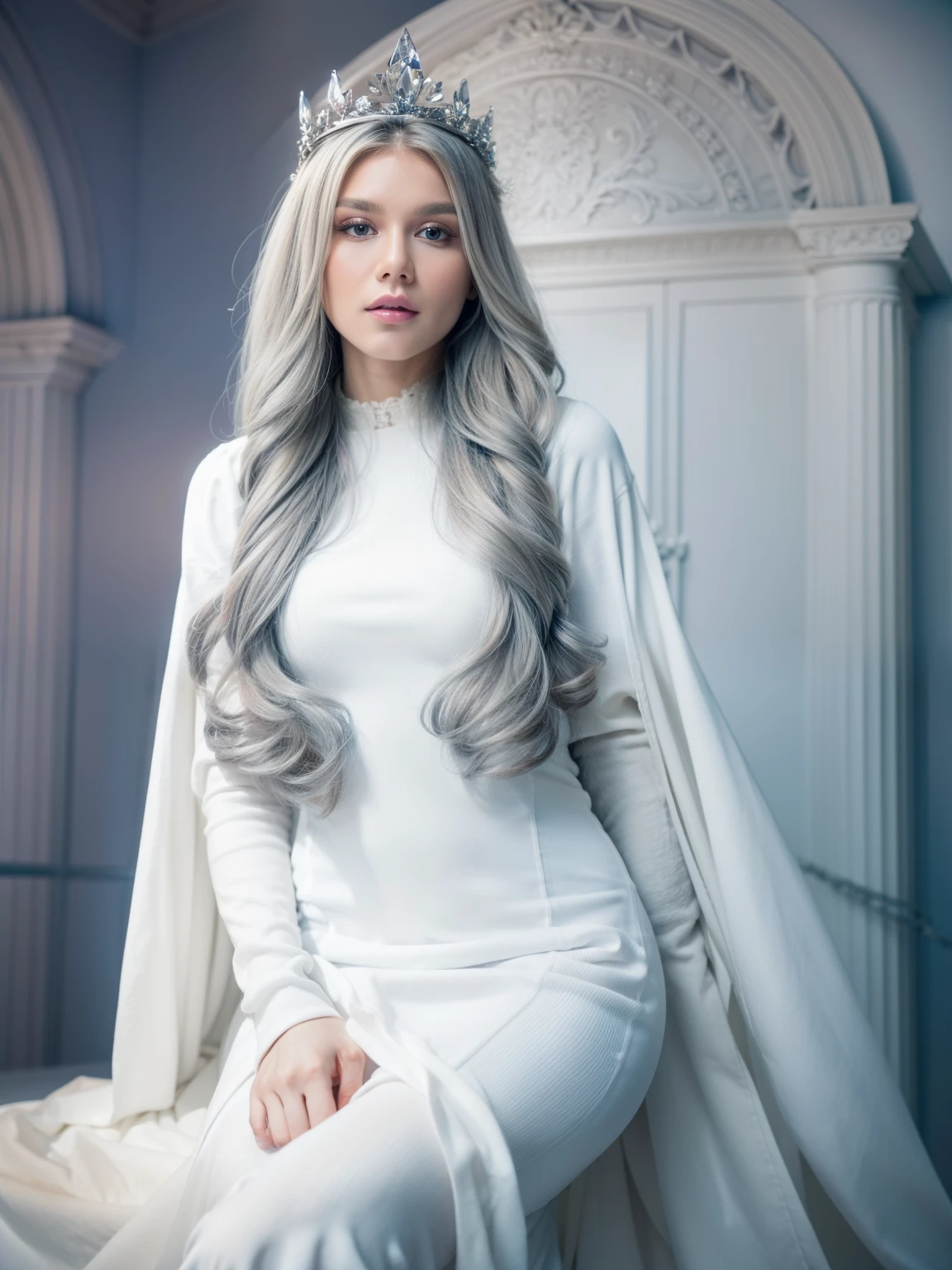 White beautiful goddess sitting on white crystal throne, blue eyes, white long wavy hair, wearing white crystal crown, wearing a beautiful white full dress, inside a magnificent palace made of white stone, chromatic aberration. 