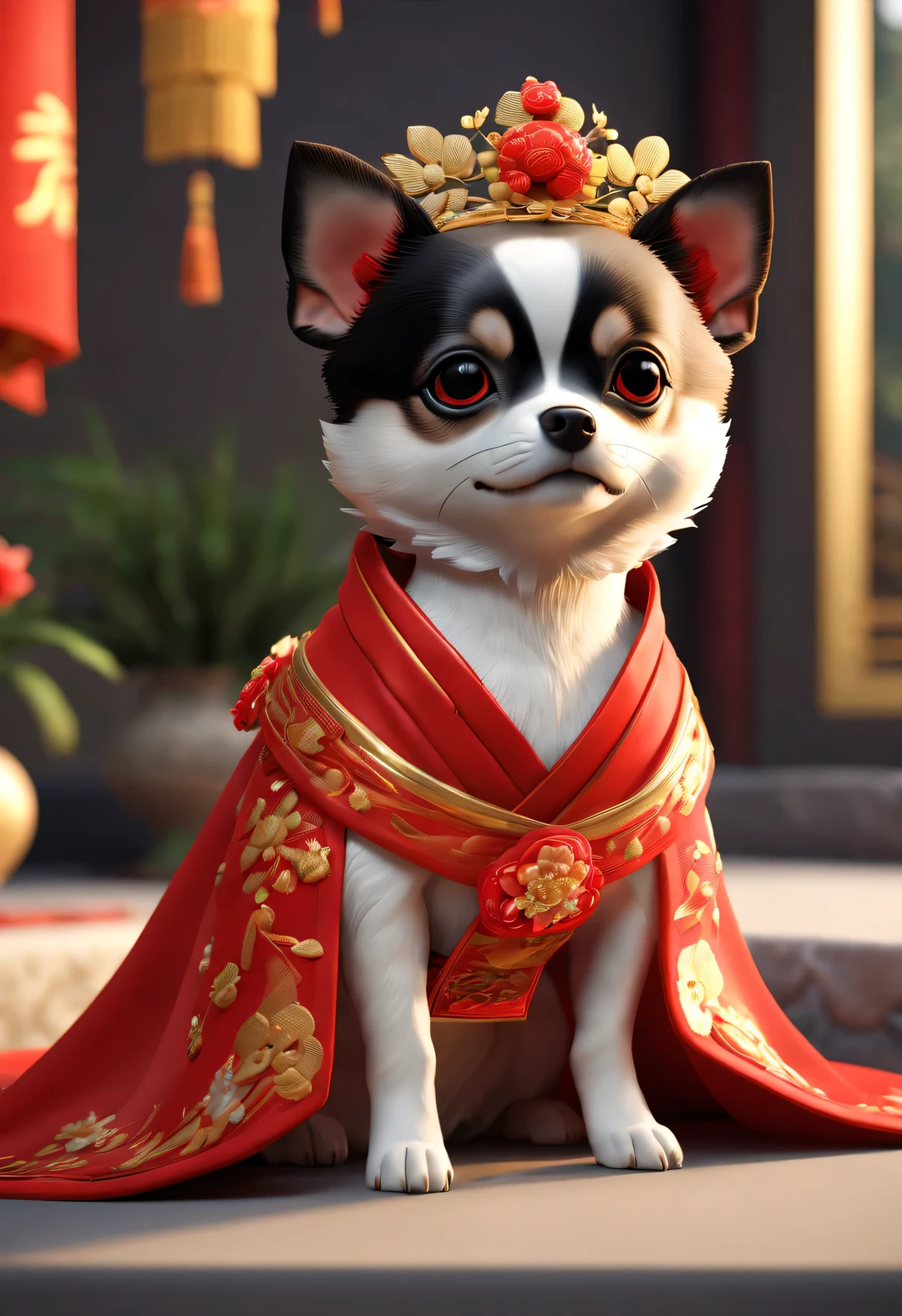 In ancient China, A super cute puppy wearing a bright red wedding dress. Dog Bride is an avatar, Wearing a red scarf on the head，Gold ornaments are worn on the head, pixelated style (Anthropomorphic standing pose), Charming big eyes, cute tail, Surreal, super detailed, luxury, elegant, Gorgeous, Unreal Engine, octane rendering, 8k, VRAYSurreal