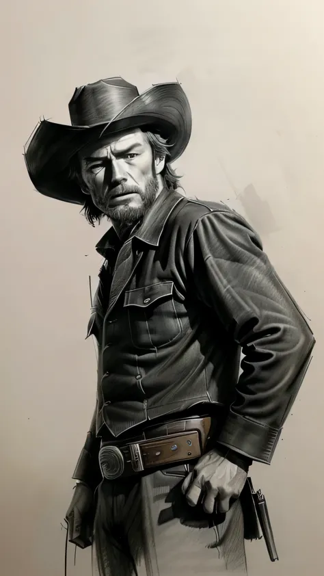 close up of cowboy poster, pose with your hands on your hips、style of a clint eastwood movie, western movies, [ western movies ]...