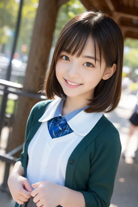 Elementary school uniforms are cute,Japanese,highly detailed eyes and face, sharp pupils,Two 12-year-old girls、12-year-old elementary school student standing in a bright park、in super high resolution,cute smile, cinematic lighting,quiet atmosphere、beautifu...