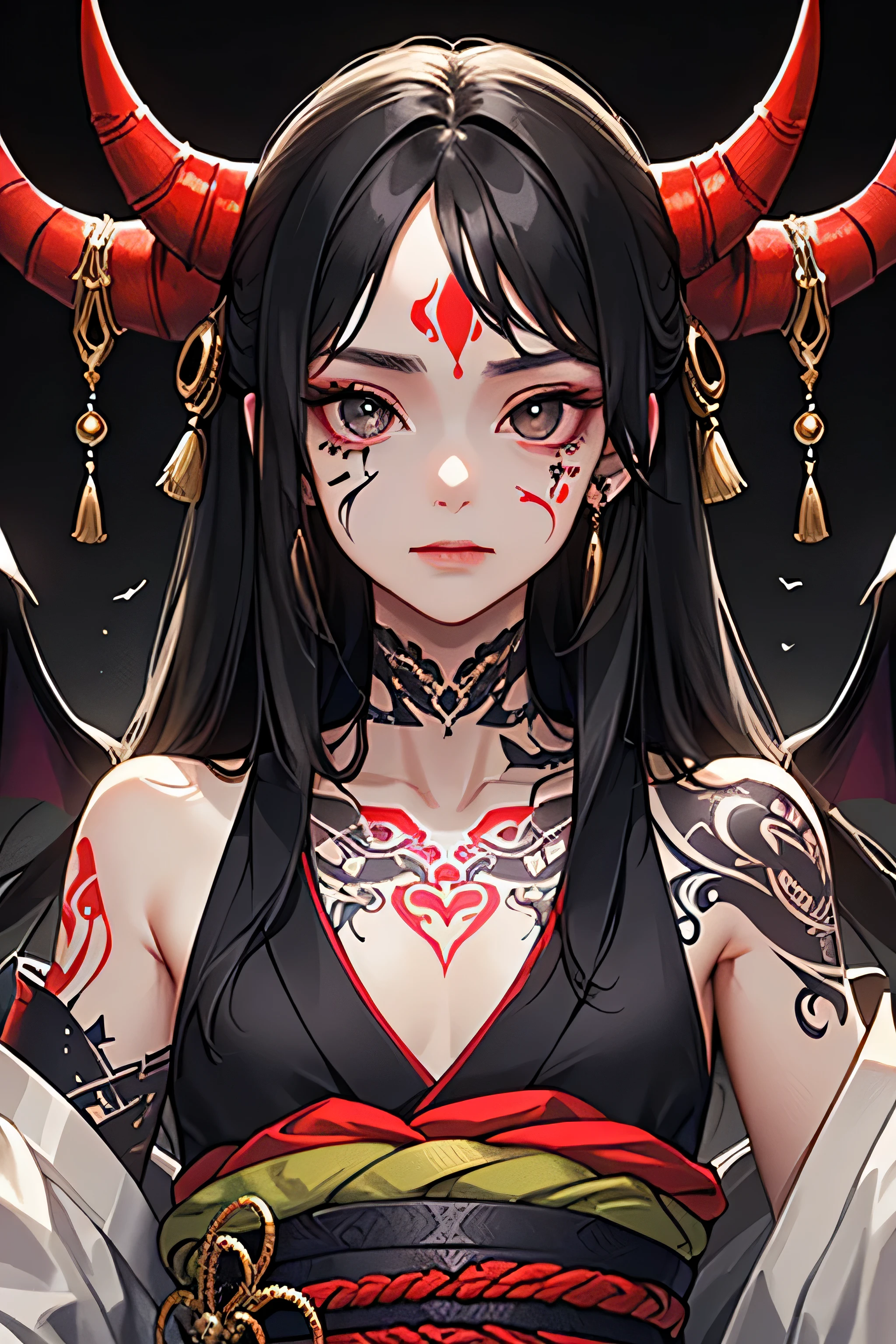 (realistic:1.3), masterpiece, highest quality, (intricate details:1.2), (scenery:1.3), beautiful face, (black theme:1.3), 
(((1 girl, A girl wearing a patterned kimono is holding a tanto, (look at the observer:1.3), (face tattoo:1.2), small demonic horns, 
))), whole body, split in half