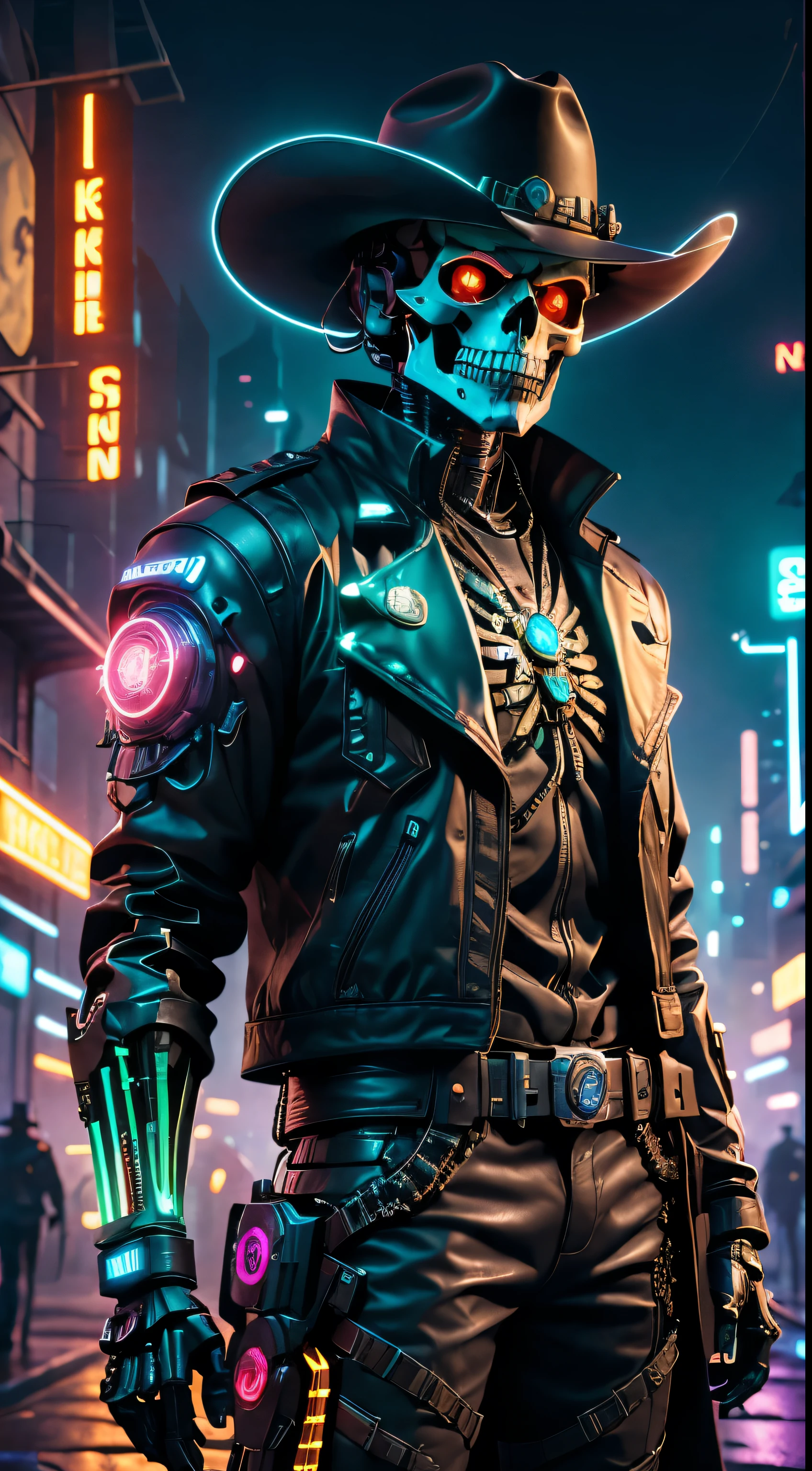 cyber punk perssonage,Skeleton Robot Cowboy Sheriff,Mysterious dark background,neonlight,cybernetically enhanced,Weapons of the future,wearing a cowboy hat+neonlightedge,Bionic arm,metal chin,red luminous eyes,dystopian city,Focus sharp,Steely texture,vivd colour,concept art style.(Best quality at best,4K,8K,A high resolution,tmasterpiece:1.2),ultra - detailed,(current,photocurrent,photo-current:1.37),