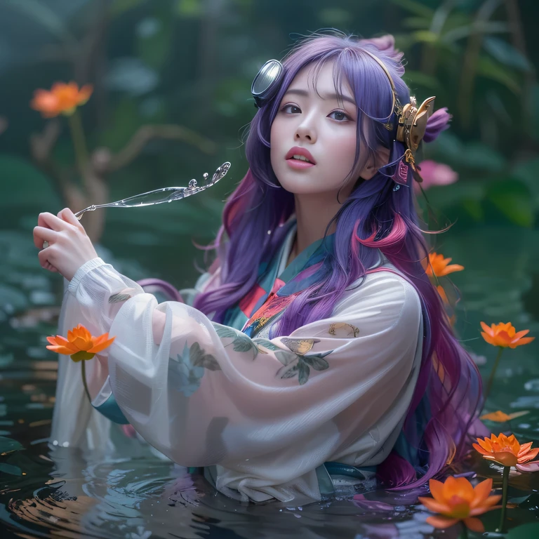 Chapter 3860 The Year of Cyberpunk（masterpiece，HD，超HD，32k lotus root starch）Gradient purple flowing long hair，autumn pond， lotus root starch color， Asian （Michiko）， （silk scarf）， fighting stance， looking at the ground， orange gradient scarf， ((厚框反光翡翠Windproof goggles))Floating bright purple， Fire cloud gold headdress， Chinese long-sleeved gold silk garment， （Abstract ink splash：1.2），mars background，Windproof goggles，lotus（realistically：1.4），Gradient purple hair，Smoke on the road，background very ivory、pure， high resolution， 细节Windproof goggles， RAW photos lotus root starch， Sharp Re， Nikon D850 film photo by Jefferies Lee 4 Kodak Portra 400 camera F1.6 guns, colorful, Super real、Vivid textures, dramatic lighting, Unreal Engine Art Station Trend, Silicon Nest 800，Bright purple flowing hair，Windproof goggles