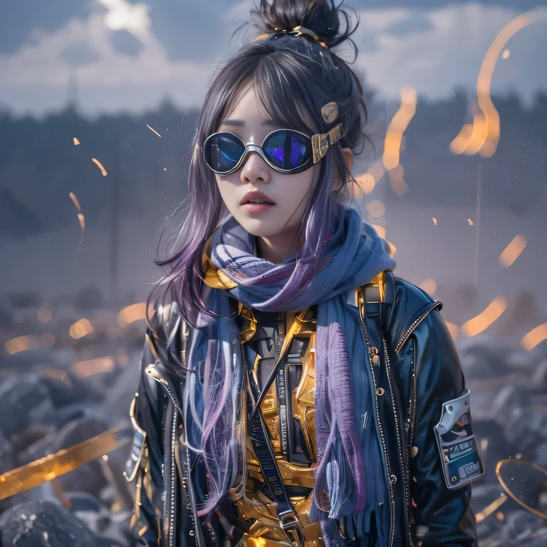 Chapter 3860 The Year of Cyberpunk（masterpiece，HD，Ultra HD，32k lotus root starch）Gradient purple flowing long hair，autumn pond， lotus root starch color， ASİAN （Michiko）， （silk scarf）， fighting stance， looking at the ground， orange gradient scarf， ((Thick frame reflective jade windproof goggles))Floating bright purple， Fire cloud gold headdress， Chinese long-sleeved gold silk garment， （Abstract ink splash：1.2），mars background，Windproof goggles，lotus（realistically：1.4），Gradient purple hair，Smoke on the road，background very ivory、pure， high resolution， DetailsWindproof goggles， RAW photos lotus root starch， Sharp Re， Nikon D850 film photo by Jefferies Lee 4 Kodak Portra 400 camera F1.6 guns, colorful, Super Real、Vivid textures, dramatic lighting, Unreal Engine Art Station Trend, Silicon Nest 800，Bright purple flowing hair，Windproof goggles