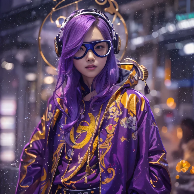 Chapter 3860 The Year of Cyberpunk（masterpiece，HD，Ultra HD，32k lotus root starch）Gradient purple flowing long hair，autumn pond， lotus root starch color， ASİAN （Michiko）， （silk scarf）， fighting stance， looking at the ground， orange gradient scarf， ((Thick frame reflective jade windproof goggles))Floating bright purple， Fire cloud gold headdress， Chinese long-sleeved gold silk garment， （Abstract ink splash：1.2），mars background，Windproof goggles，lotus（realistically：1.4），Gradient purple hair，Smoke on the road，background very ivory、pure， high resolution， DetailsWindproof goggles， RAW photos lotus root starch， Sharp Re， Nikon D850 film photo by Jefferies Lee 4 Kodak Portra 400 camera F1.6 guns, colorful, Super Real、Vivid textures, dramatic lighting, Unreal Engine Art Station Trend, Silicon Nest 800，Bright purple flowing hair，Windproof goggles