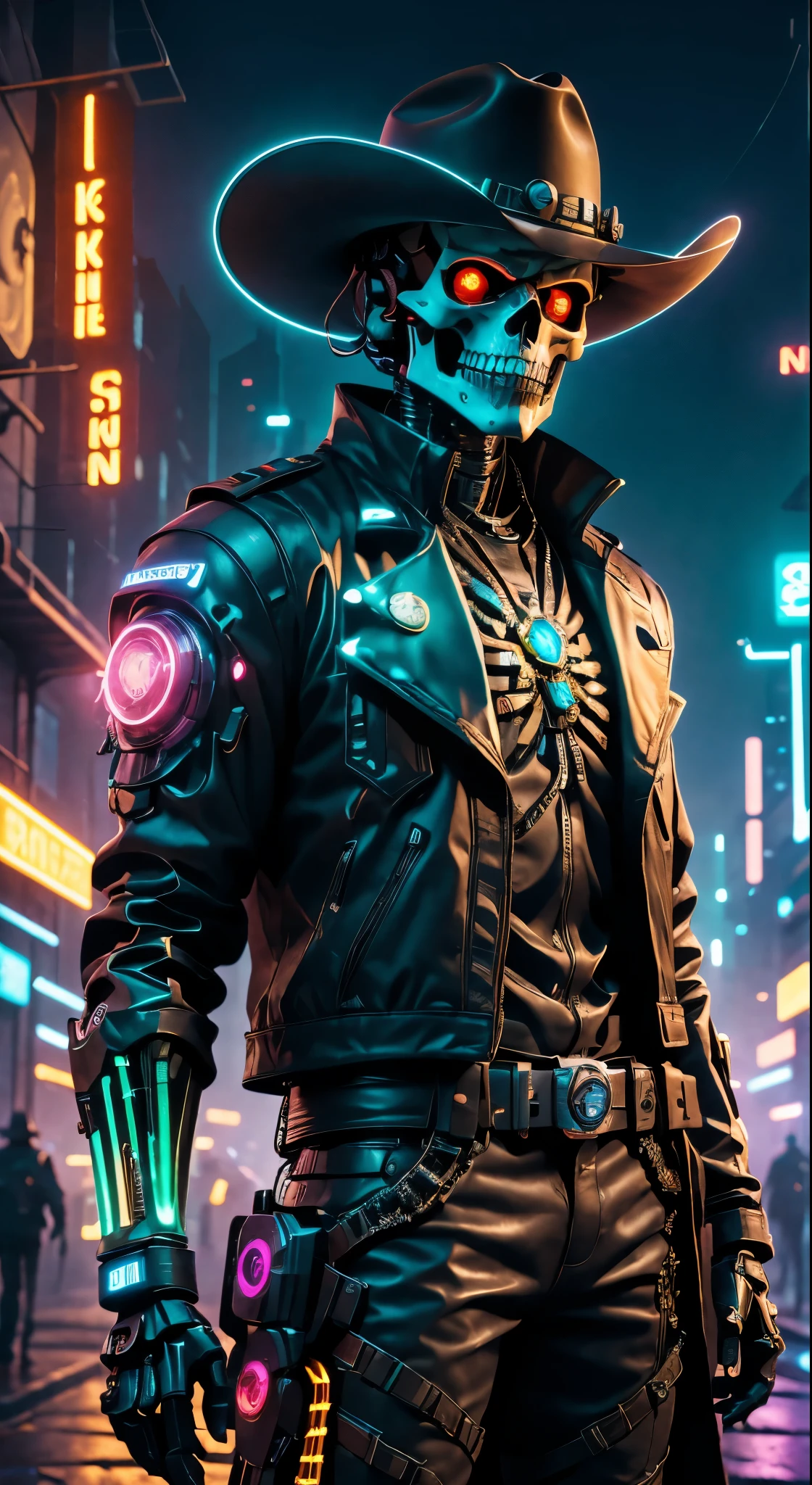 cyber punk perssonage,Skeleton Robot Cowboy Sheriff,Mysterious dark background,neonlight,cybernetically enhanced,Weapons of the future,wearing a cowboy hat+neonlightedge,Bionic arm,metal chin,red luminous eyes,dystopian city,Focus sharp,Steely texture,vivd colour,concept art style.(Best quality at best,4K,8K,A high resolution,tmasterpiece:1.2),ultra - detailed,(current,photocurrent,photo-current:1.37),