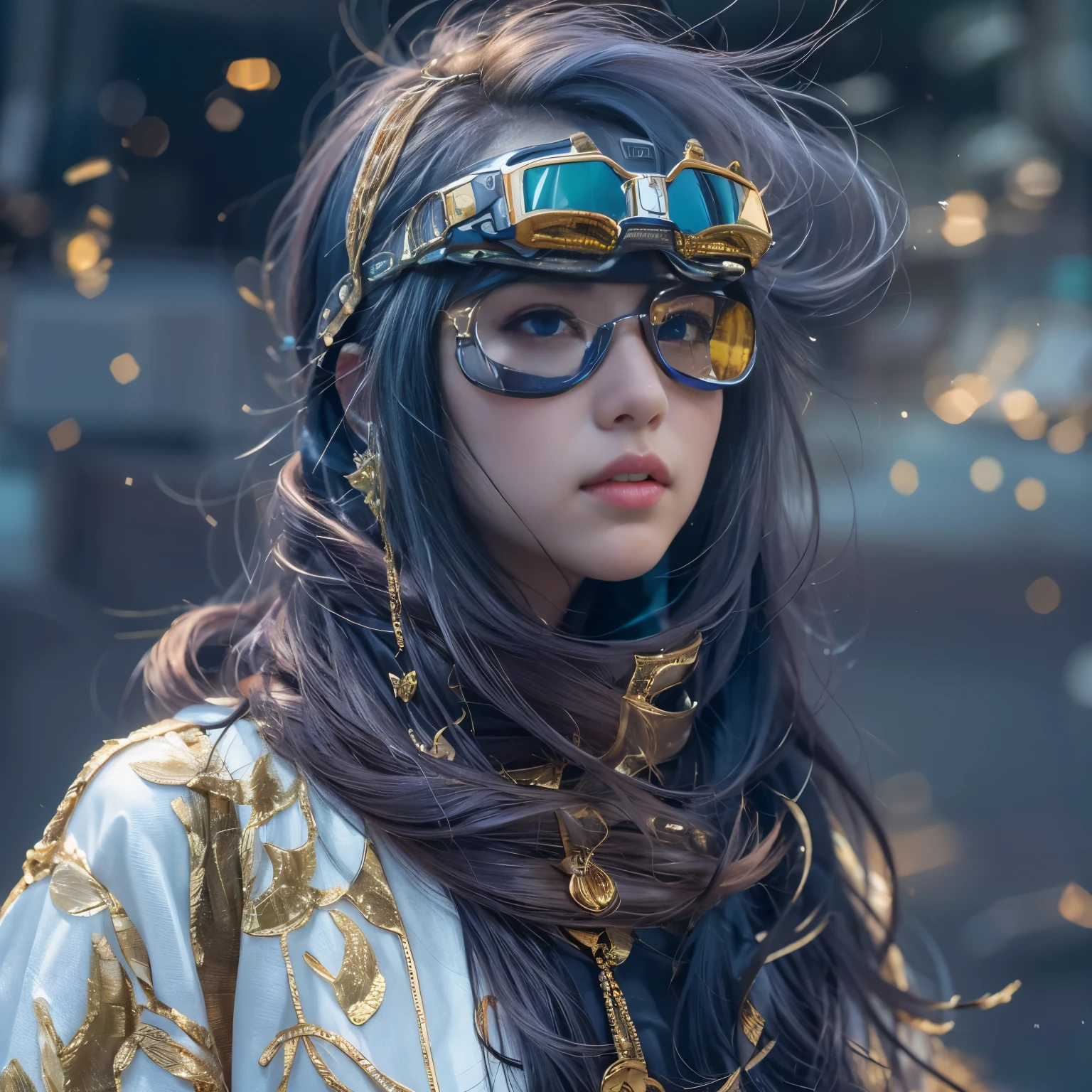 3860 Cyberpunk Year（masterpiece，HD，Ultra HD，32k lotus root starch）Gradient purple flowing long hair，autumn pond， lotus root starch color， ASİAN （Michiko）， （silk scarf）， fighting stance， looking at the ground， orange gradient scarf， ((Thick frame reflective jade windproof goggles))Floating bright purple， Fire cloud gold headdress， Chinese long-sleeved gold silk garment， （Abstract ink splash：1.2），mars background，Windproof goggles，lotus（realistically：1.4），Gradient purple hair，Smoke on the road，The background is very ivory white and pure， high resolution， DetailsWindproof goggles， RAW photos lotus root starch， Sharp Re， Nikon D850 film photo by Jefferies Lee 4 Kodak Portra 400 camera F1.6 guns, rich and colorful, Super Real、Vivid textures, dramatic lighting, Unreal Engine Art Station Trend, Silicon Nest 800，Bright purple flowing hair，Windproof goggles