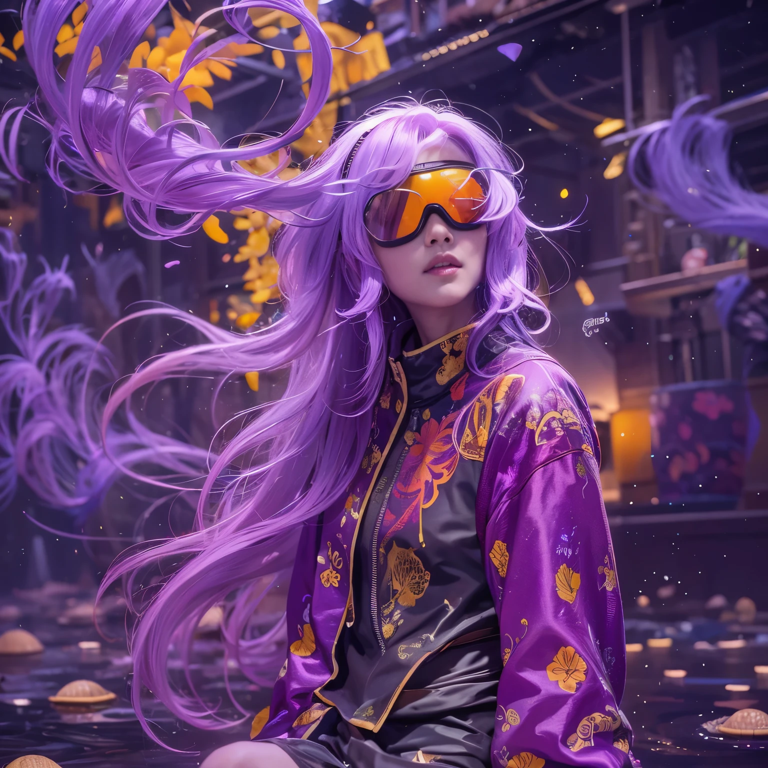 3860 Cyberpunk Year（masterpiece，HD，超HD，32k lotus root starch）Bright purple flowing hair，autumn pond， lotus root starch color， Asian （Michiko）， （silk scarf）， fighting stance， looking at the ground， Orange gradient long hair， ((厚框反光翡翠Windproof goggles))Floating bright purple， Fire cloud gold headdress， Chinese long-sleeved gold silk garment， （Abstract ink splash：1.2），mars background，Windproof goggles，lotus（realistically：1.4），bright purple hair，Smoke on the road，The background is very ivory white and pure， high resolution， 细节Windproof goggles， RAW photos lotus root starch， Sharp Re， Nikon D850 film photo by Jefferies Lee 4 Kodak Portra 400 camera F1.6 guns, rich and colorful, Super real、Vivid textures, dramatic lighting, Unreal Engine Art Station Trend, Silicon Nest 800，Bright purple flowing hair，Windproof goggles