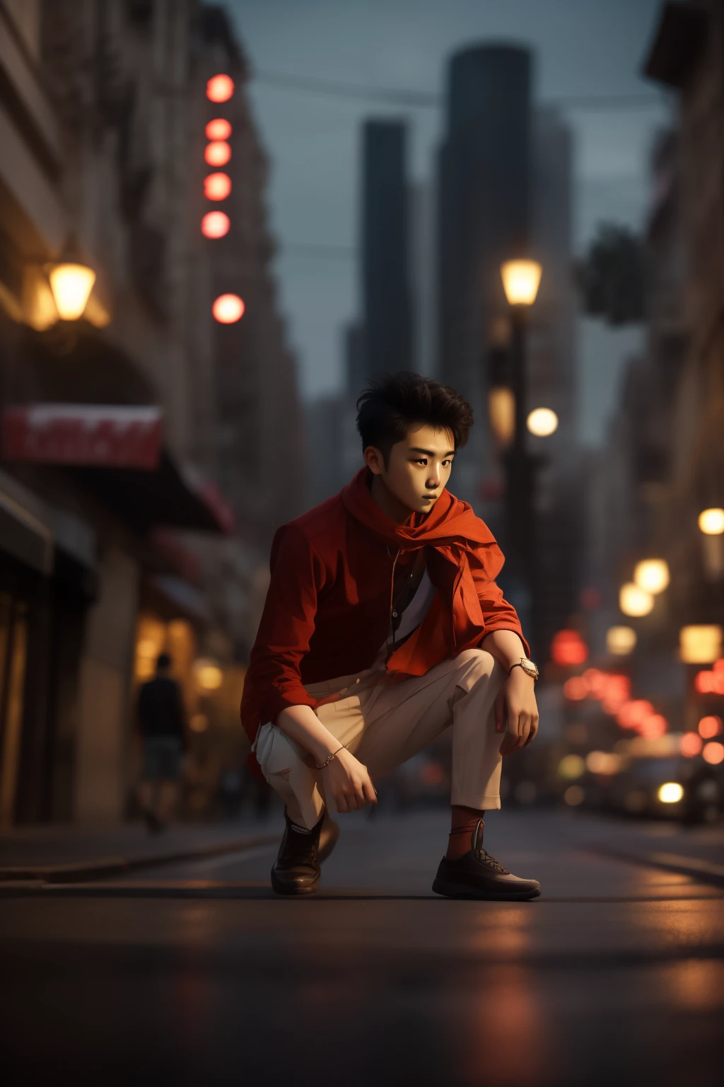 RAW photo, a portrait photo of 21 y.o man in casual clothes, night, city street, (high detailed skin:1.2), 8k uhd, dslr, soft lighting, high quality, film grain, Fujifilm XT3