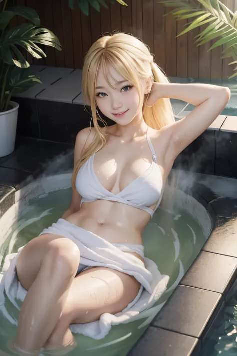 Use your imagination with this visually illustrated prompt, blonde、In the open-air bath、Half-body bath、bath towel、girl、smile、one towel、