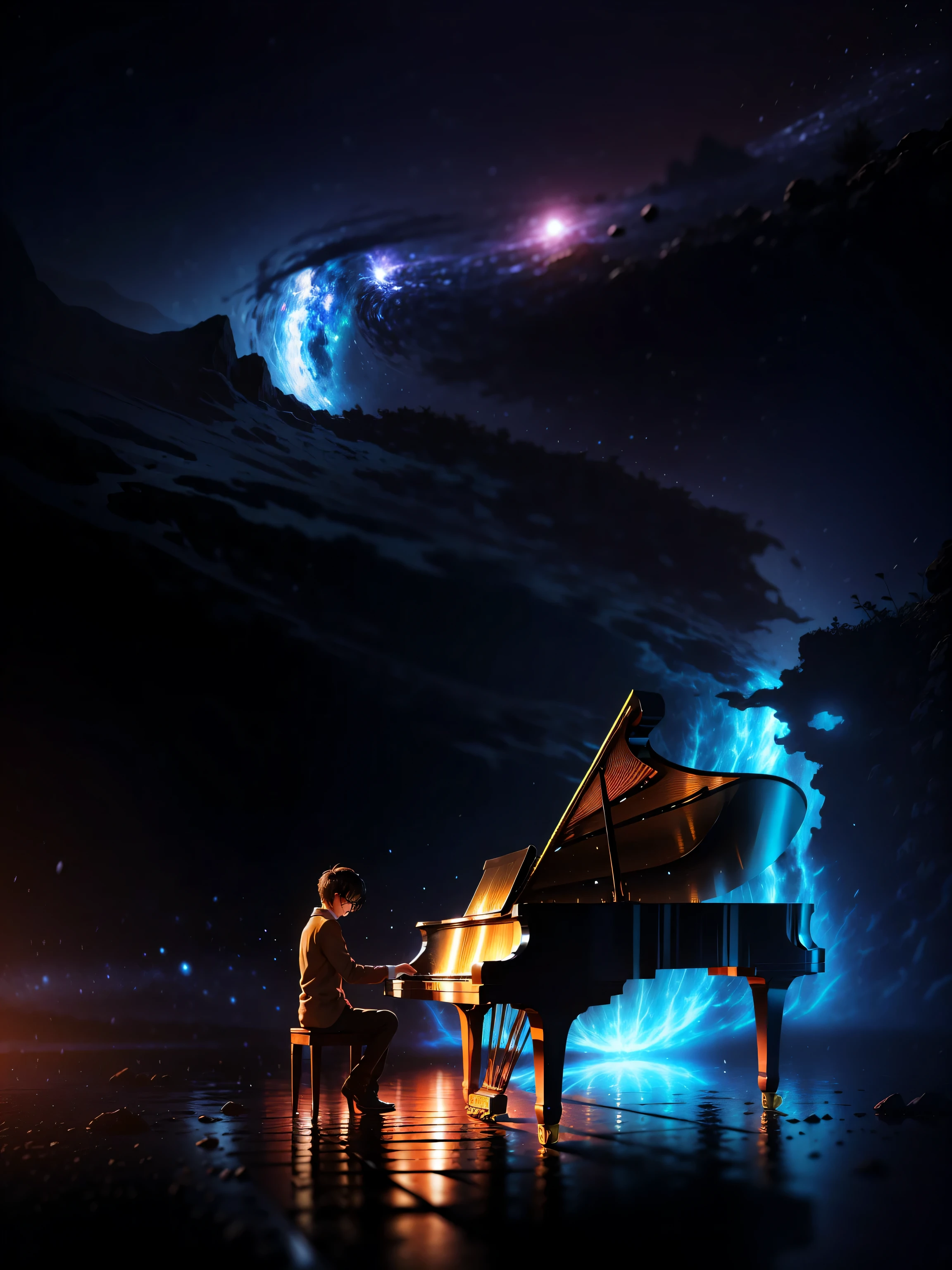 obra maestra, Mejor calidad, wallpaper of a boy playing the piano in the garden, paisaje de estrellas y magia. ((1 chico, anteojos, pelo negro, ojos negros, 17 years old)). ((perfect piano de cola)) (((piano de cola))) ((long piano de cola))