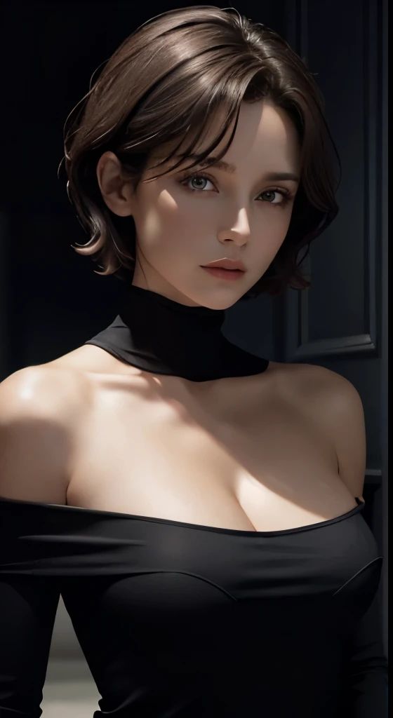 Skin Tight Black Top:1.2、look at viewer、cinematic lighting、perfect、soft light、High resolution skin:1.2、realistic skin texture、30 year old mature woman、small face、no makeup、off shoulder、Bust B Cup、 exposed cleavage、red eyes、short hair、dark brown hair、full nude、gray background、