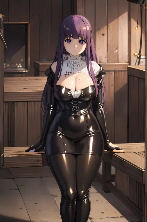 (highest quality, masterpiece),sexy, erotic, 1 girl, 18-year-old, despise, Pride, purple long hair, ((purple eyes)), looking at the viewer, medieval tabernacle, (close), ((dark room)), Sweat, the candle is lit, ((cleavage)), Mr.々Inside a torture chamber wi...