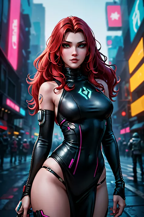 a girl, red hair, green eyes, mercenary, cyberpunk, long hair, curly hair, cyberpunk style, futuristic, green shiny dress, cyber...
