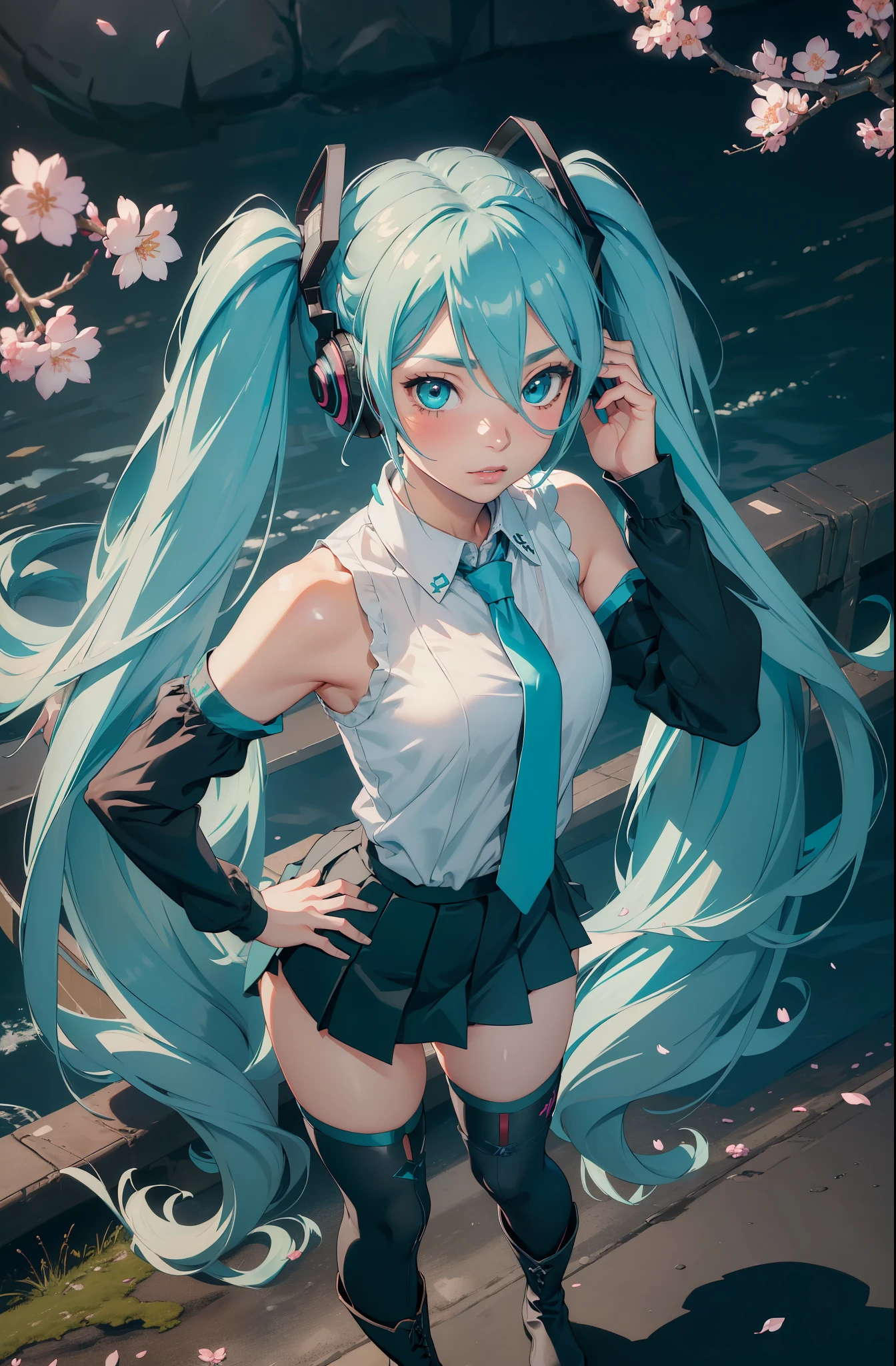 (best quality:1.4),(masterpiece:1.4),(photorealistic:1.4),(ultra high res, raw photo:1.4),(hdr, hyperdetailed:1.2),hatsune miku,pointing up,large pectorals,spread fingers,highres,light and shadow  snowing,hand on another's face,cherry blossoms,hand on hip,pectoral lift,blush visible through hair,princess,aqua eyes,aqua hair,crossed bangs,hair between eyes,hair ornament,headphones,long hair,twintails,aqua necktie,black footwear,black skirt,black sleeves,boots,collared shirt,detached sleeves,grey shirt,necktie,pleated skirt,shirt,skirt,sleeveless,sleeveless shirt,thigh boots,tie clip,