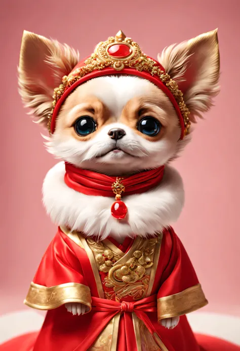 curly，beautiful details，feminine laughter，in ancient china, a super cute puppy wearing a bright red wedding dress. dog bride is ...