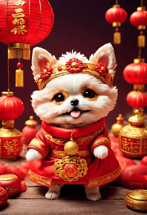 curly, with beautiful details, In ancient China, One is super cute、Smiling puppy wearing bright red wedding dress. dog bride avatar, Wearing a red scarf，Wearing gold jewelry, pixelated style (Anthropomorphic standing pose), Charming big eyes, cute tail, Su...