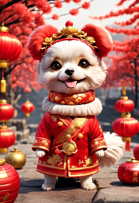 curly, with beautiful details, In ancient China, One is super cute、Smiling puppy wearing bright red wedding dress. Dog Bride Makeup, Wearing a red scarf，Wearing gold jewelry, pixelated style (Anthropomorphic standing pose), Charming big eyes, cute tail, Su...