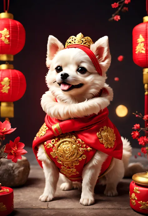 curly, with beautiful details, In ancient China, One is super cute、Smiling puppy wearing bright red wedding dress. Dog Bride Makeup, Wearing a red scarf，Wearing gold jewelry, pixelated style (Anthropomorphic standing pose), Charming big eyes, cute tail, Su...