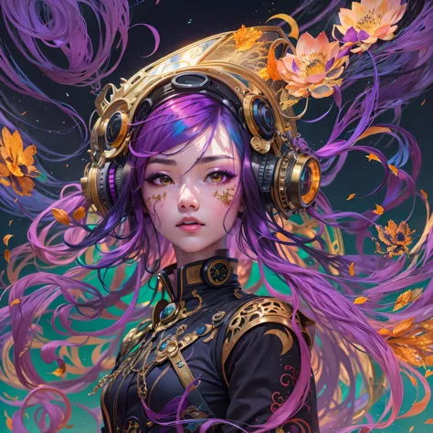 2099 cyberpunk year（masterpiece，HD，超HD，32k lotus root starch）Bright purple flowing hair，autumn pond， lotus root starch color， As...