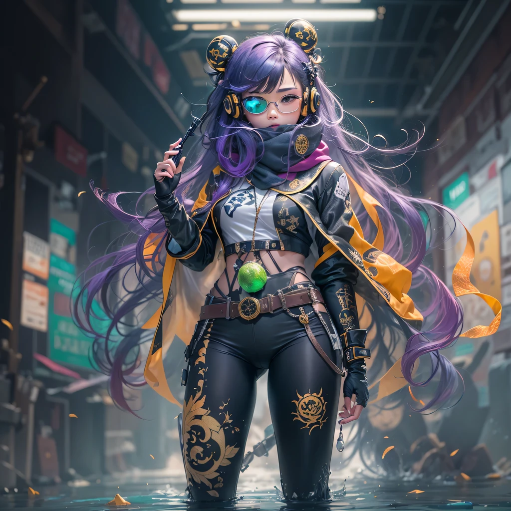 2099 cyberpunk year（masterpiece，HD，超HD，32k lotus root starch）Bright purple flowing hair，autumn pond， lotus root starch color， Asian （Michiko）， （silk scarf）， fighting stance， looking at the ground， Orange gradient long hair， ((Thick frame reflective jade windproof goggles))Floating bright purple， Fire cloud gold headdress， Chinese long-sleeved gold silk garment， （Abstract ink splash：1.2），mars background，lotus（realistically：1.4），bright purple hair，Smoke on the road，The background is very ivory、pure， high resolution， Detailed wind protection goggles， RAW photos lotus root starch， Sharp Re， Nikon D850 film photo by Jefferies Lee 4 Kodak Portra 400 camera F1.6 guns, rich and colorful, Super real、Vivid textures, dramatic lighting, Unreal Engine Art Station Trend, Silicon Nest 800，