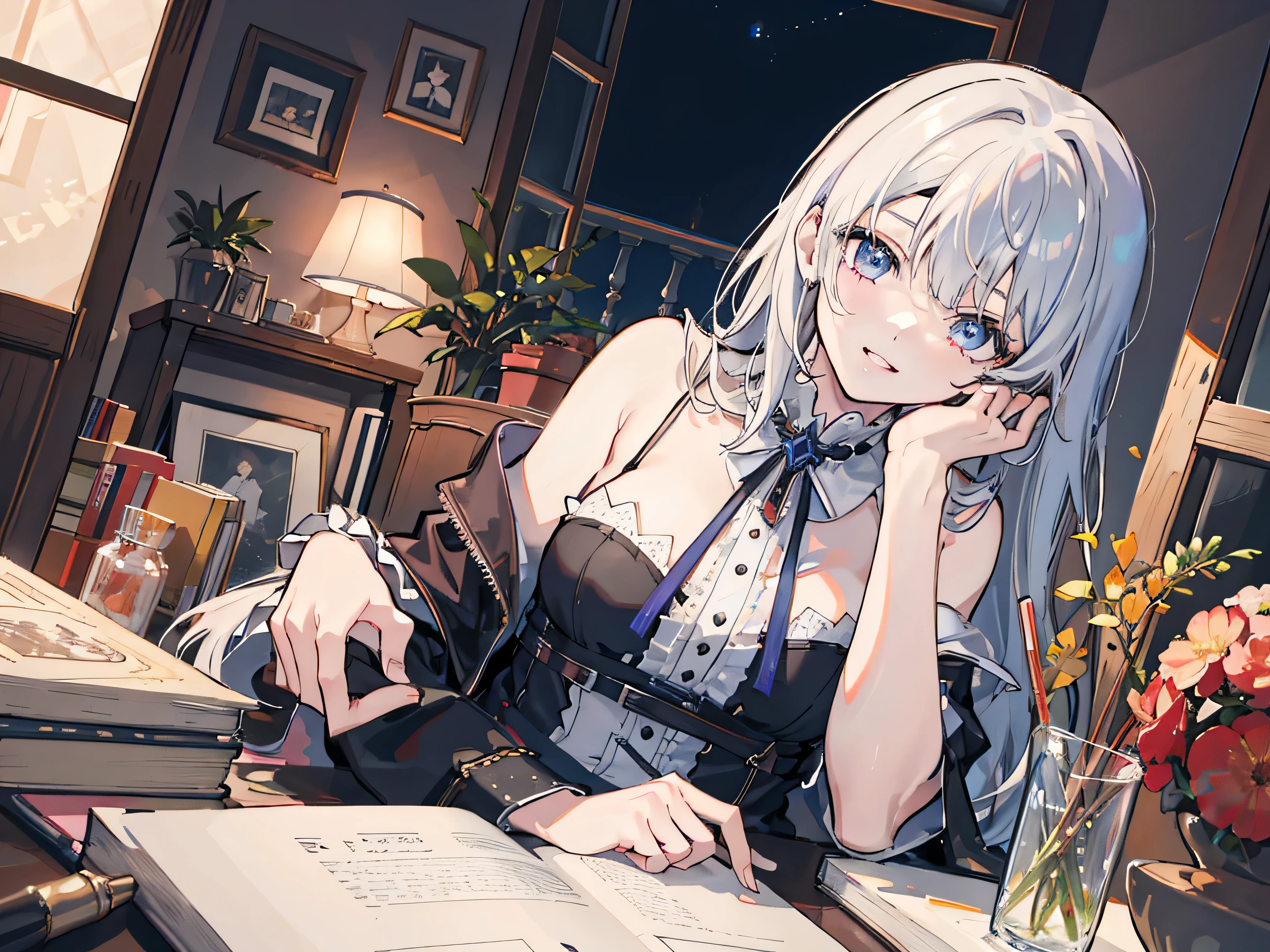 scene view, house light ,night,, head rest, intense angle,ray tracing,{best quality}, {{masterpiece}}, {highres}, original, extremely detailed 8K wallpaper, {an extremely delicate and beautiful},incredibly_absurdres,colorful,intricate detail,artbook, (1girl:1.3), light smile, sleeveless, solo, looking_at_viewer, breasts, bare_shoulders, bangs, medium_breasts, parted_lips, acubi fashion wear