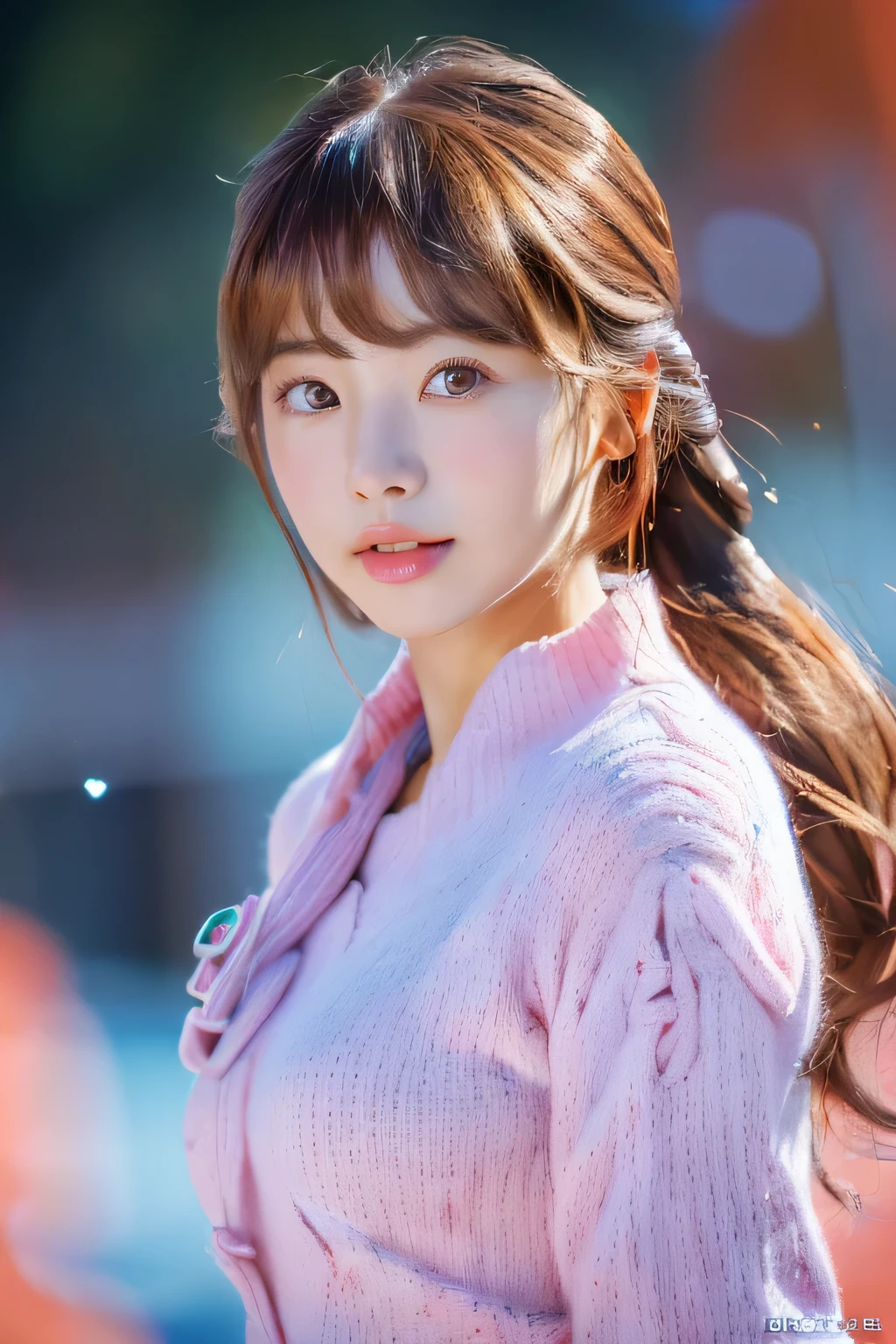 ( highest quality, masterpiece, shape, (realistic, photo-realistic:1.37), wonderful, finely, incredibly absurd, huge file size, 超get used to it, High resolution, Highly detailed CG Unity 8K wallpaper, ray tracing, NSFW, 1 girl, Young Korean Girl, orgasm, blush, A cute realistic drawing of a young Korean woman with pink hair in two ヘアリング and bangs. Revealing a very large bust(highest quality, masterpiece, shape, (genuine, Photorealistic: 1.37), wonderful, get used to it, incredibly absurd, huge file size, Super get used to it, High resolution, High resolution CG Unity 8K wallpaper, one girl, Young Korean Girl, orgasm, blush, Cute realistic picture of a young Korean woman with brown hair in two hair rings and bangs. ski wearを着てゲレンデに立つ. The background is a ski resort, ski wear 、I have ski poles in my hand.