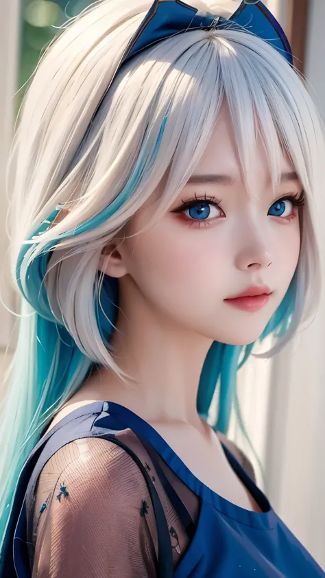 One wearing a blue dress、Close-up of woman wearing white headband, guweiz style artwork, IG model | artistic germ, extremely detailed artistic germ, surreal anime, Soft portrait shots 8K, artistic germ. anime illustration, Bowater&#39;s art style, blonde p...