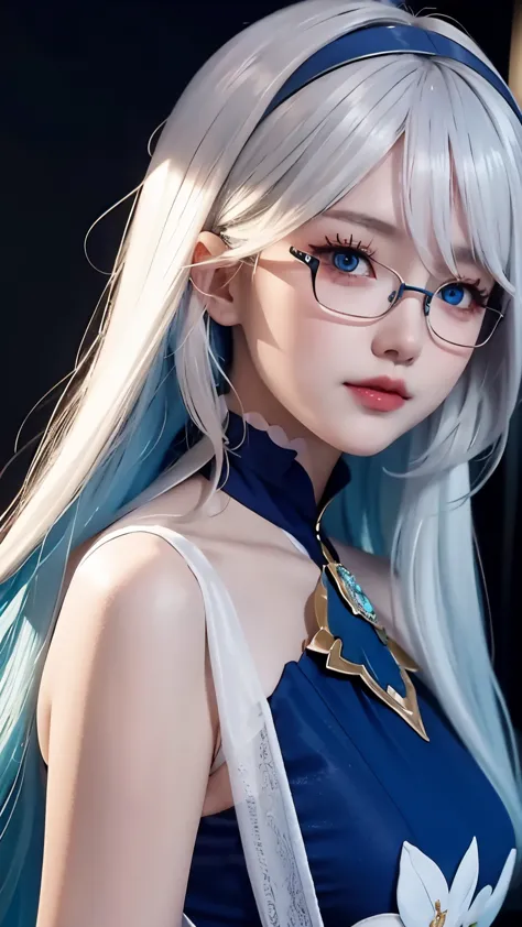One wearing a blue dress、Close-up of woman wearing white headband, guweiz style artwork, IG model | artistic germ, extremely detailed artistic germ, surreal anime, Soft portrait shots 8K, artistic germ. anime illustration, Bowater&#39;s art style, blonde p...