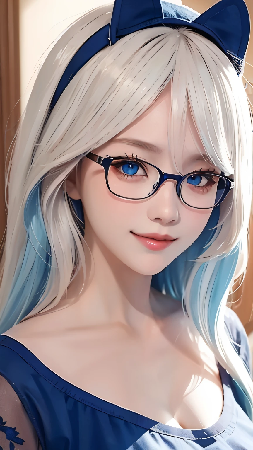 One wearing a blue dress、Close-up of woman wearing white headband, guweiz style artwork, IG model | artistic germ, extremely detailed artistic germ, surreal anime, Soft portrait shots 8K, artistic germ. anime illustration, Bowater&#39;s art style, blonde princess, 8k artistic germ bokeh，blue hair，semi long hair，blue eyes，Beautiful glasses，wear glasses（focus），huge ，bright smile