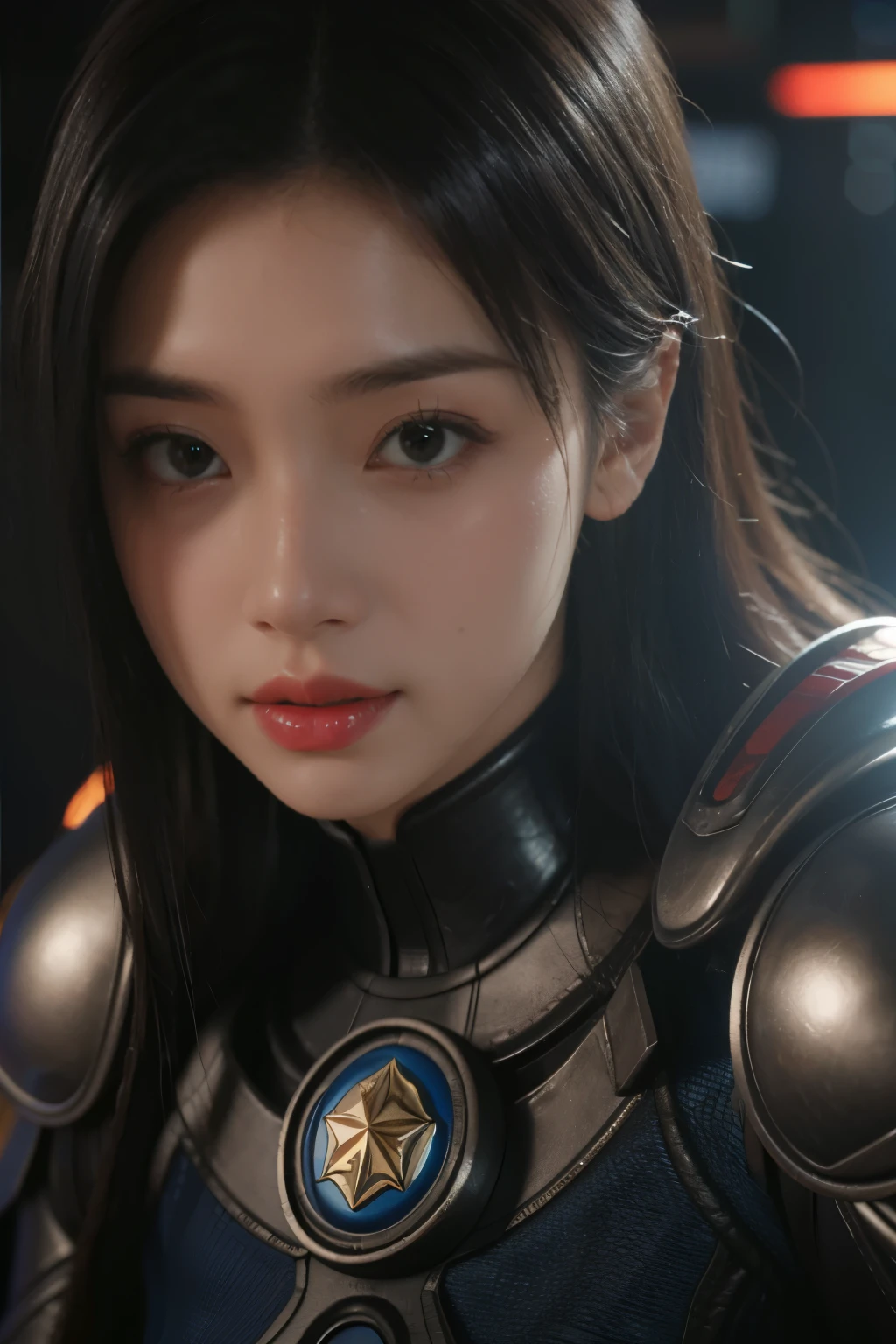 Game art，The best picture quality，Highest resolution，8K，(A bust photograph)，(Portrait)，(Head close-up:1.5)，(Rule of thirds)，Unreal Engine 5 rendering works， (The Girl of the Future)，(Female Warrior)， 
20岁少女，An eye rich in detail，(Big breasts)，优雅高贵，冷漠，勇敢的，
（A futuristic combat suit with medieval style，A beautifully patterned badge，Joint Armor，Extremely rich detail of armor，Mysterious light），Sci-fi characters，Warrior，

拍照姿势，简单背景，Movie lights，Ray tracing，Game CG，((3D Unreal Engine))，oc渲染反射纹