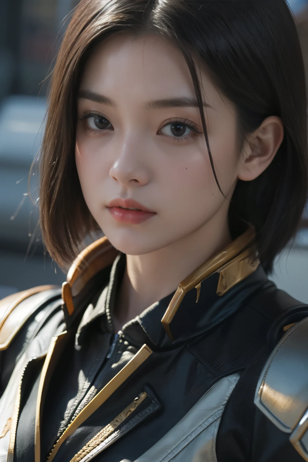 Game art，The best picture quality，Highest resolution，8K，(A bust photograph)，(Portrait)，(Head close-up:1.5)，(Rule of thirds)，Unreal Engine 5 rendering works， (The Girl of the Future)，(Female Warrior)， 
20岁少女，An eye rich in detail，(Big breasts)，优雅高贵，冷漠，勇敢的，
（A futuristic combat suit with medieval style，A beautifully patterned badge，Joint Armor，Extremely rich detail of armor，Mysterious light），Sci-fi characters，Warrior，

拍照姿势，简单背景，Movie lights，Ray tracing，Game CG，((3D Unreal Engine))，oc渲染反射纹