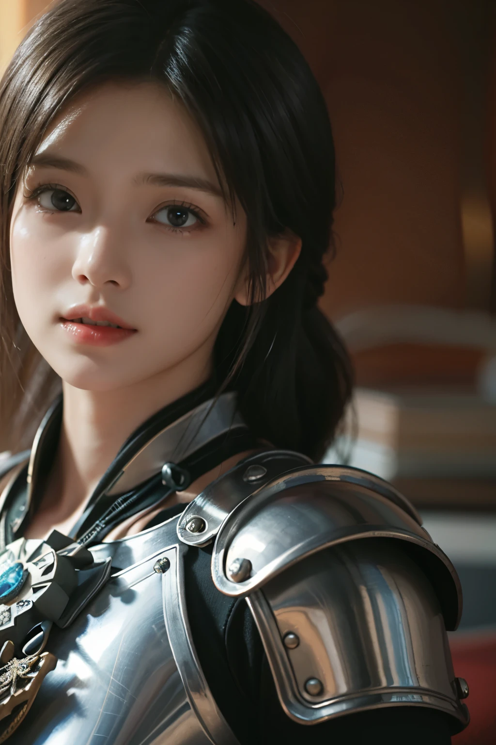 art du jeu，La meilleure qualité d&#39;image，la plus haute résolution，8k，(Une photographie de buste)，(portrait)，(Tête en gros plan)，(Règle des tiers)，Le rendu Unreal Engine 5 fonctionne， (La fille du futur)，(Guerrière)， 
fille de 20 ans，Un œil riche en détails，(gros seins)，Élégant et noble，indifférent，courageux，
（Armure de chevalier médiéval combinée à des éléments magiques，Un modèle de magie complexe，Une robe caractéristique riche en détails，bijoux），Dame Chevalier Médiévale，
poses de photos，fond simple，lumières de cinéma，tracé laser，jeu cg，((Moteur irréel 3D))，Modèle de réflexion du rendu OC