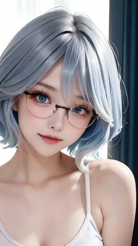 ((Idle level girl)), ​Masterpiece, highest image quality, Super detailed, (Perfect body:1.3), (perfect face+Glasses+messy hair+Blue hair with gray bob hair), closure, viewer&#39;s perspective, she bent down，Catching the audience&#39;s attention。Detailed ha...