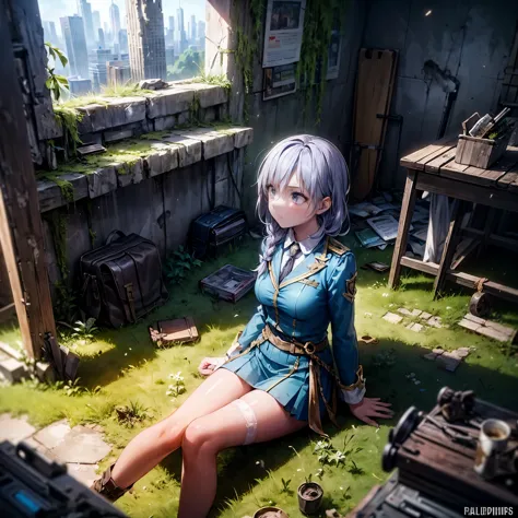 Concept art of a post-apocalyptic world with ruins, overgrown plants, flat chest，((the only girl who survived))，The content is very detailed,Detail view，anime，master piece，dilapidated building right sun，Dilapidated classrooms，Shabby table，Broken chair，open...