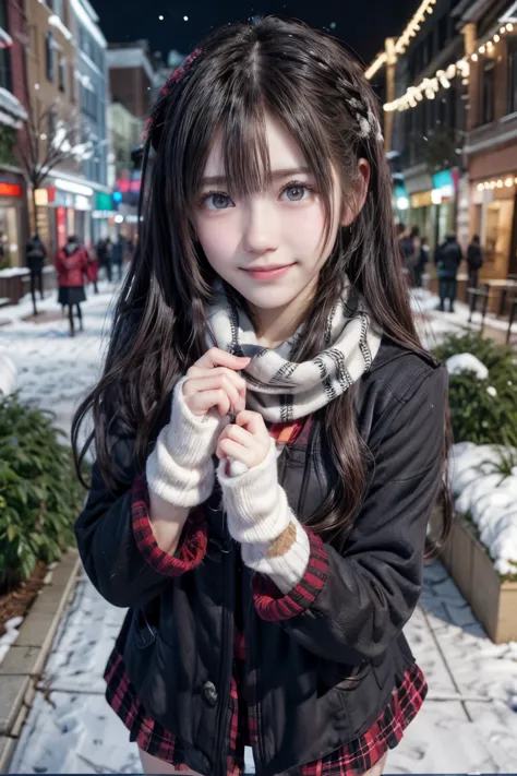 (A close-up of one girl is、Has long hair with dull bangs in a winter uniform and scarf coat:1.5)、(One girl with a shy smile、Hold...