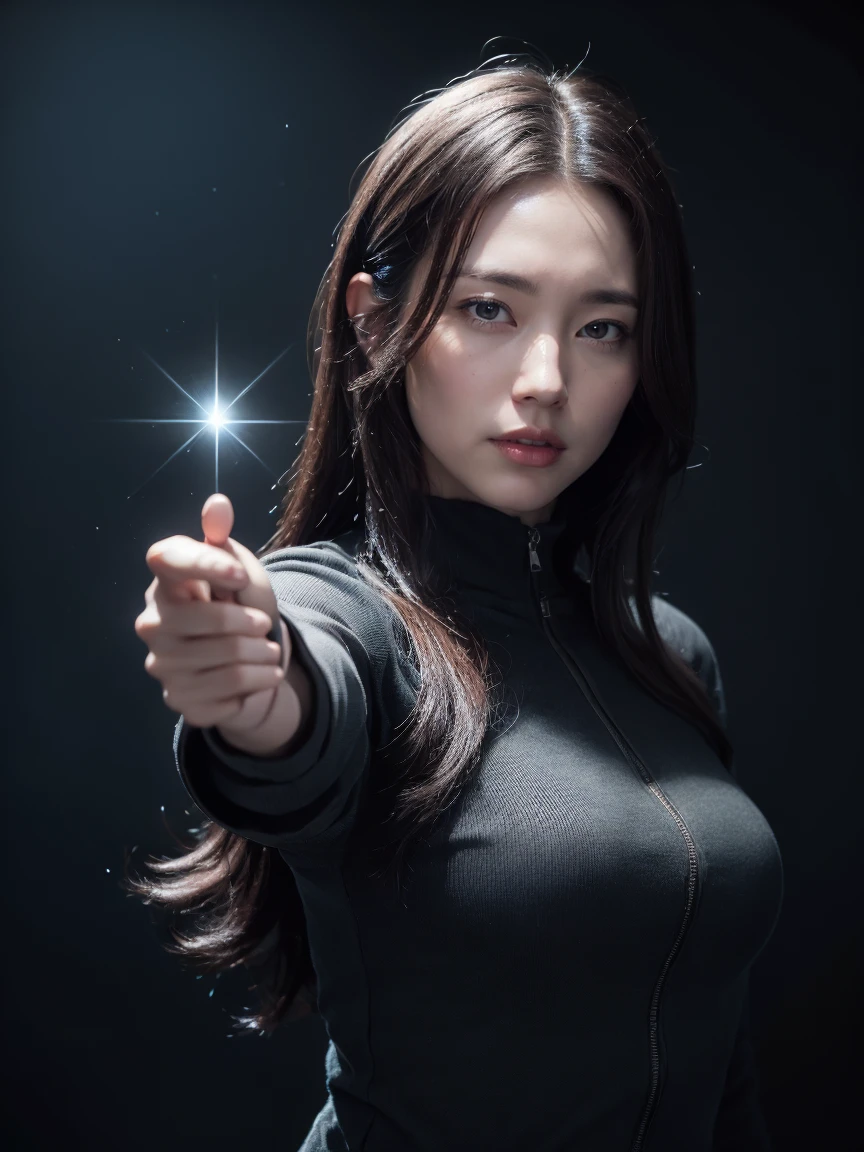 8K, highest quality, masterpiece, realistic, ultra detail,  photograph, HDR, High resolution, cinematic light, official art, High resolution, Depth of written boundary,(emit laser light), girl１name、20-year-old, medium long hair,全身photographを撮ります、action pose,universe,cloudy sky、universe船、starlight、thunder、universe戦艦