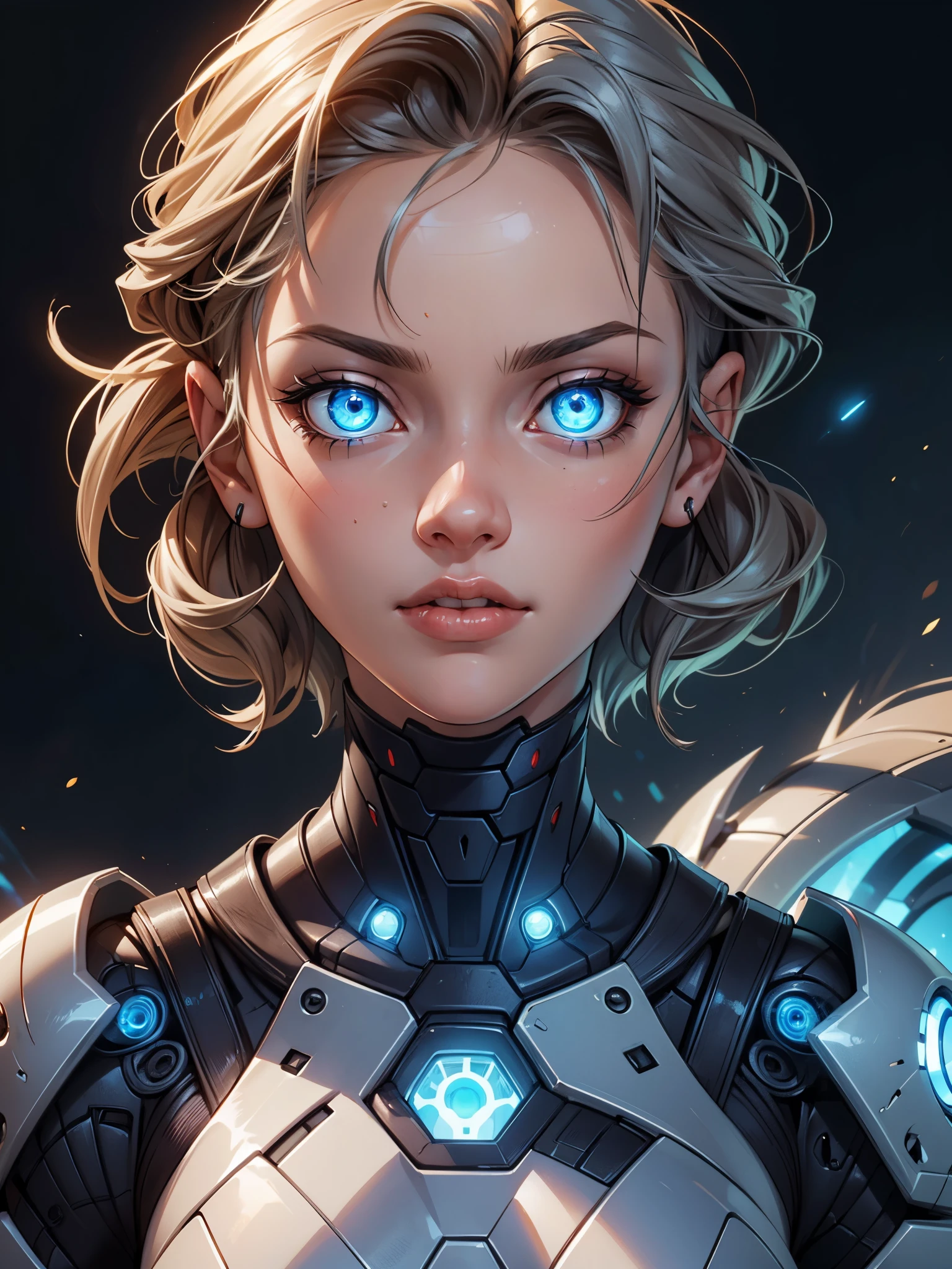 (Meisterwerk), (beste Qualität), 1 Mädchen, detailliertes Haar, cyborg girl, Kriegerin auf dem Schlachtfeld, Porträt, Nahaufnahme, (Blau leuchtende Augen), cyborg armor, weiße Rüstung