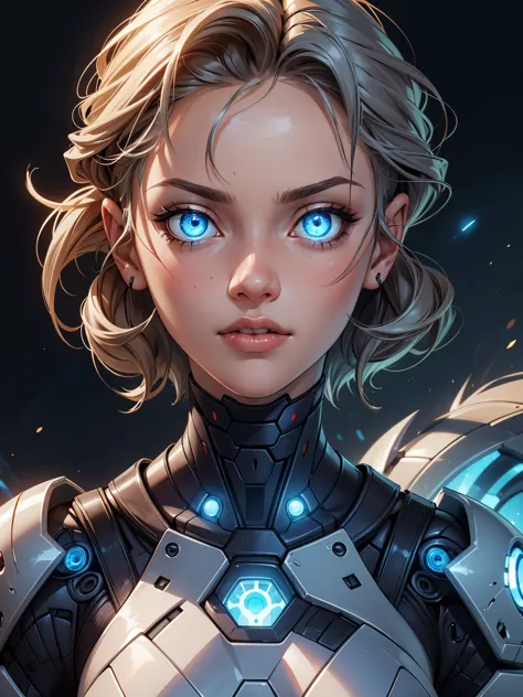 (masterpiece), (best quality), 1girl, detailed hair, cyborg girl, female warrior battle field, portrait, close-up shot, (blue gl...