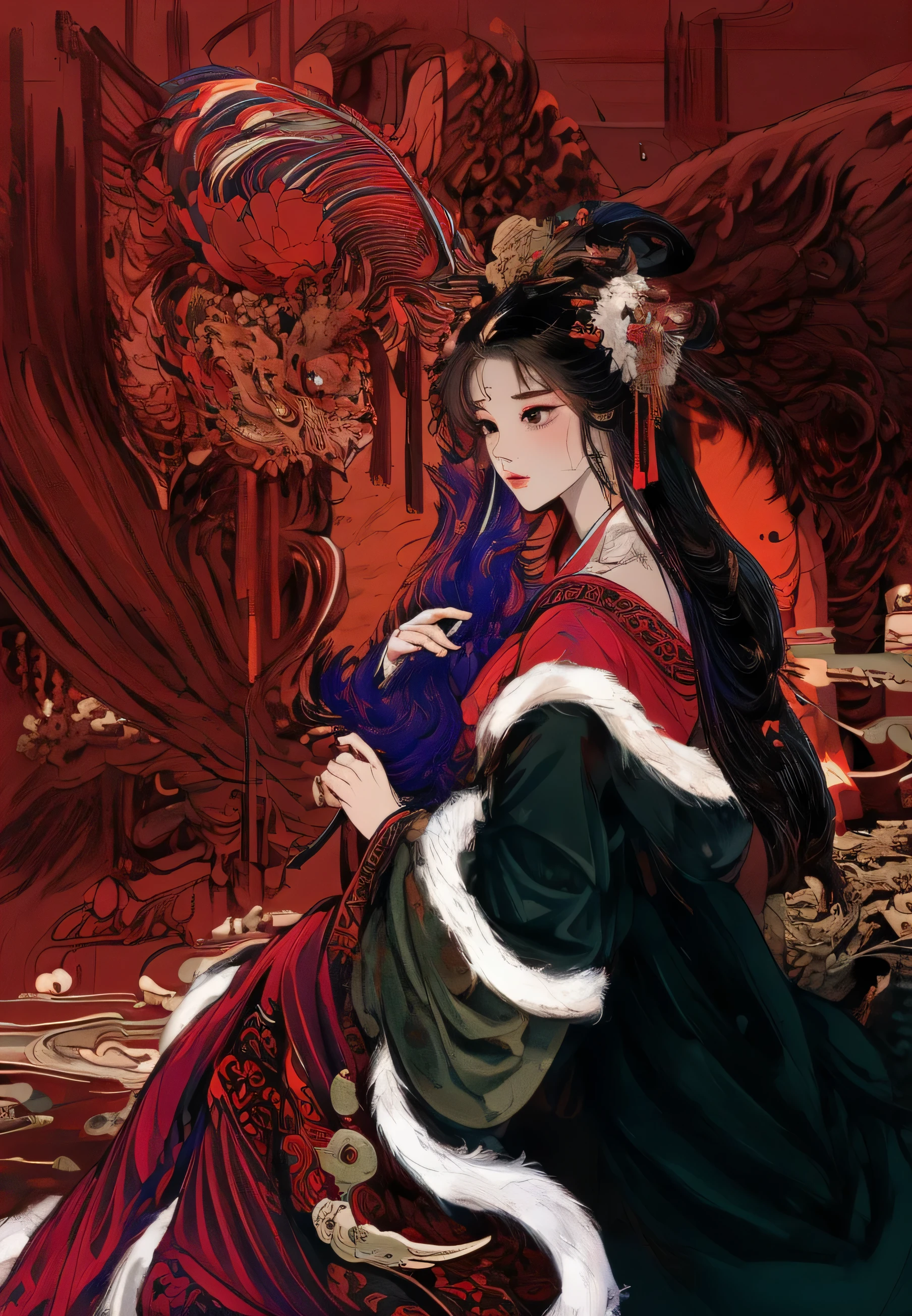 ((Unreal Engine 5)), Realistic rendering, ink strokes，Excellent, Pictures of beauties in the court of Han Dynasty, Dark green mink poncho，red robe，Holding peacock feathers in hand，beautiful，Courtroom background，The feeling comes from Chen Danqing, Inspired by Hu Zaobin, Inspired by Zhu Derun, Inspired by Tawaraya Sotatsu, Ukiyo-style，Inspired by Sichuan Hotpot Gongzhai, Inspired by Kanebo, Inspired by JANASHANLE, Inspired by Longxingzhai Dingqing