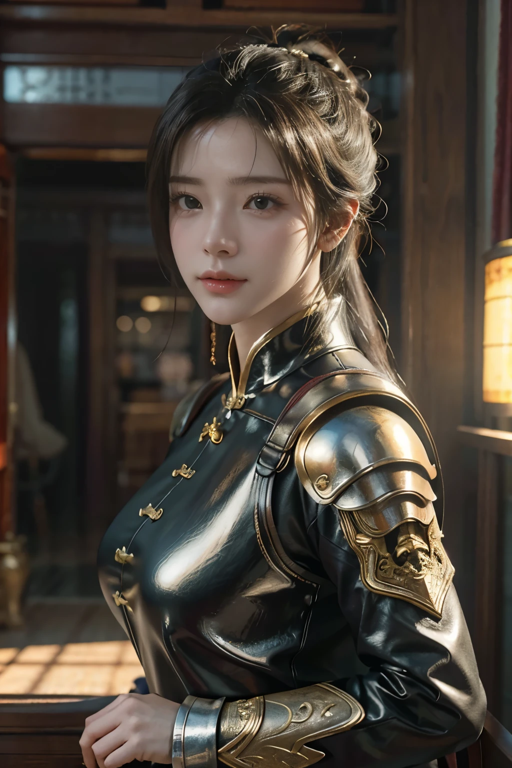 Game art，The best picture quality，Highest resolution，8K，(A bust photograph)，(Portrait)，(Head close-up)，(Rule of thirds)，Unreal Engine 5 rendering works， (The Girl of the Future)，(Female Warrior)， 
20岁少女，((Hunter))，An eye rich in detail，(Big breasts)，优雅高贵，冷漠，勇敢的，
（Medieval-style fur combat clothing，Glowing magic lines，Animal skin clothing with rich details），Medieval Lady Knight，Medieval ranger，
拍照姿势，简单背景，Movie lights，Ray tracing，Game CG，((3D Unreal Engine))，oc渲染反射纹