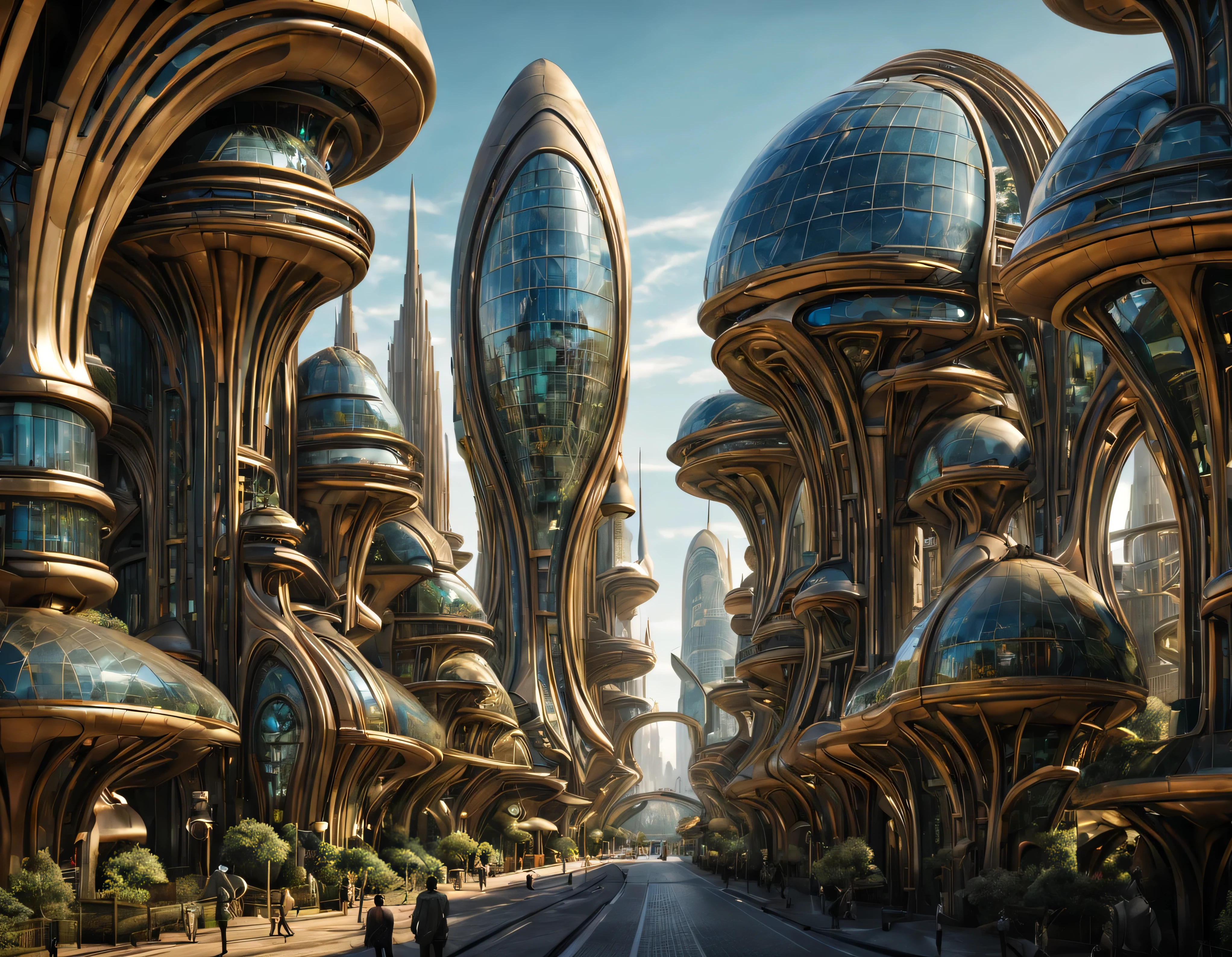 Straße einer außerirdischen Alien-Stadt mit futuristischer und technologischer Architektur in ihren Metall- und Glasgebäuden, wo Gold vorherrscht, Silber und Bronze, ein paar Aliens laufen herum, beleuchtete Fenster, alles voller Fantasie, Science-Fiction und (komplizierte Details der Maschine).fotorealistisches Bild, maximale Schärfe, 8k-Qualität.(Meisterwerk von höchster Qualität). 3D.