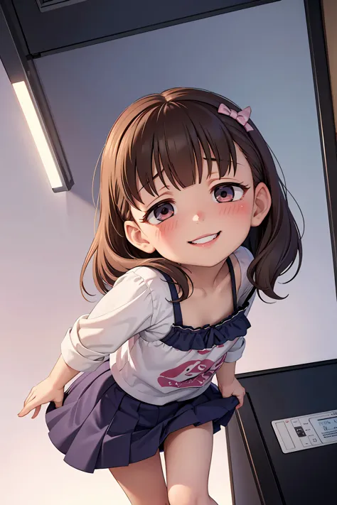 masterpiece, highest quality, confused, perfect anatomy, 1 girl, alone, Mayu Sakuma, (((8-year-old, , Very cute and baby-like face, Very short height ))), (flat chest), cleavage cutout, down blouse, (((crazy smile))), (((blush))), Uneven_eye, skirt lift, p...